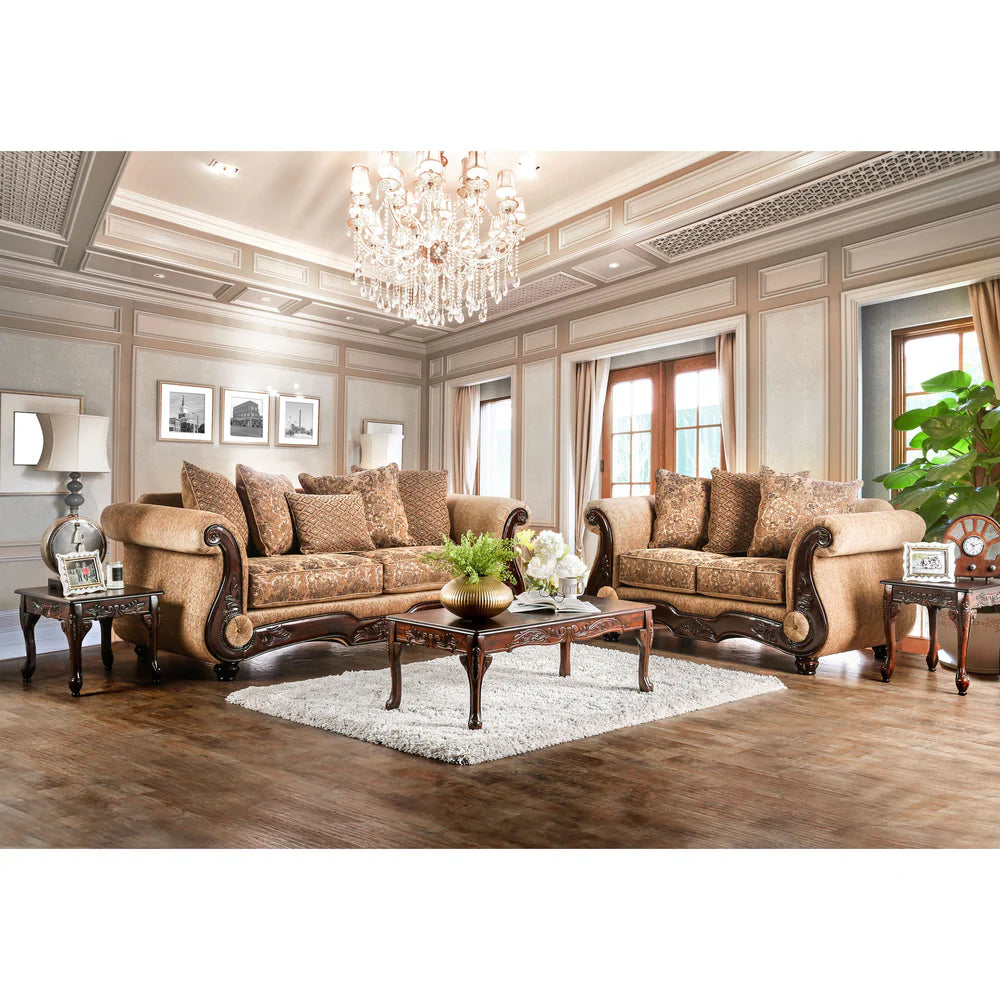 Traditional Tan Chenille Upholstered Rolled Arms Sofa by