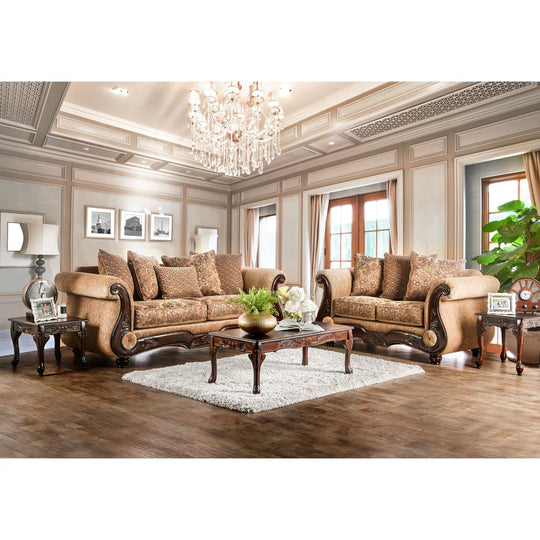 Traditional Tan Chenille Upholstered Rolled Arms Sofa by
