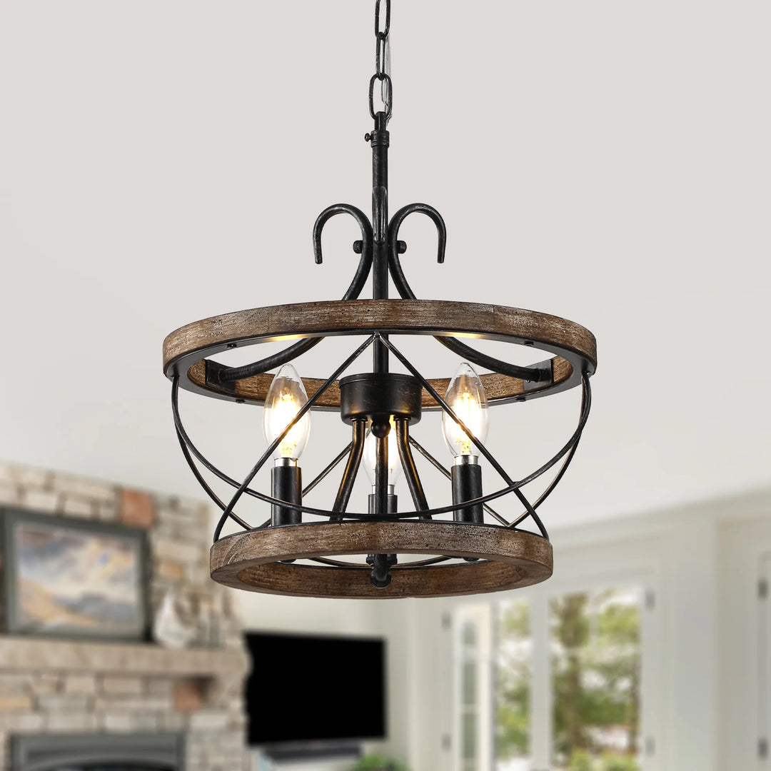 13"/15.7"/19.7" Rustic Cage Wood Chandelier Dimmable Lighting Farmhouse Adjustable Pendant Light for Kitchen Island