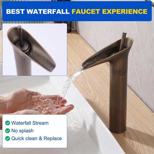 12.4"H Solid Brass Waterfall Single Handle Single Hole Bathroom Faucet