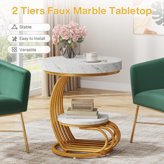 2 Tiers round End Table with Shelf Storage, Arc-Shaped Side Sofa Table