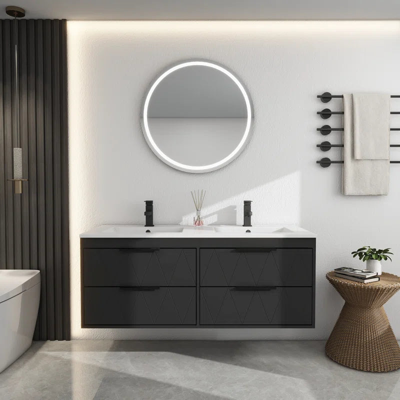 Ciarra Sharee 48" Modern Wall-Mount Double Sink Bathroom Vanity with Resin Top, Zinc Alloy Faucet, Painted Floating Cabinet, Soft-Close Drawers
