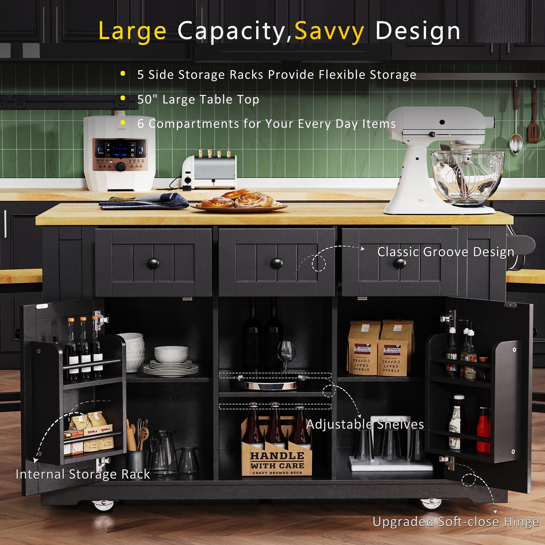 Large Kitchen Island with Drop Leaf,Power Outlet,Door Internal Storage Rack,3 Drawers(Not Include Bar Stools)
