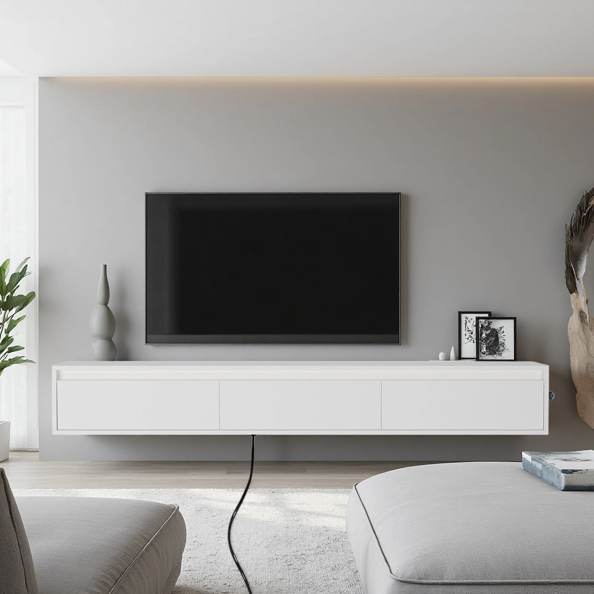 64" Floating Wall-Mounted TV Stand with Touch LED & Cord Management