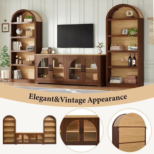 3-Piece Retro Entertainment Center for Tvs up to 70", Two-Tone Farmhouse TV Stand with Sideboard & Bookshelf