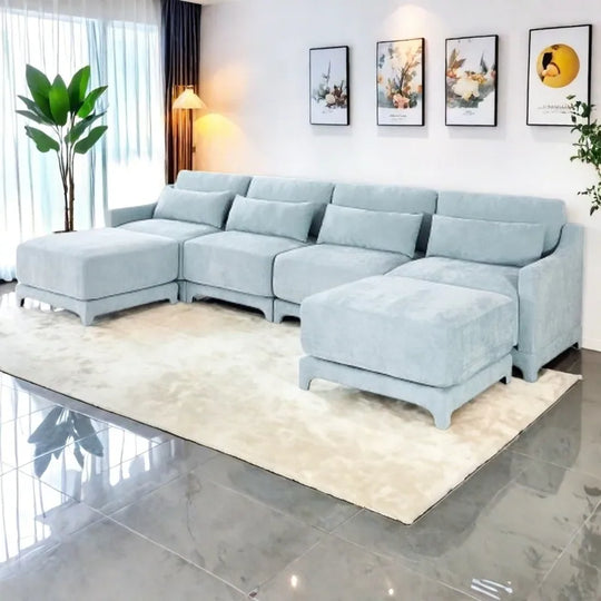 Modern Chenille 4-Seater Sofa with 2 Ottoman, Lumbar Cushions, Ergonomic Backrest, High-Resilience Spongeand Tufted Armrests