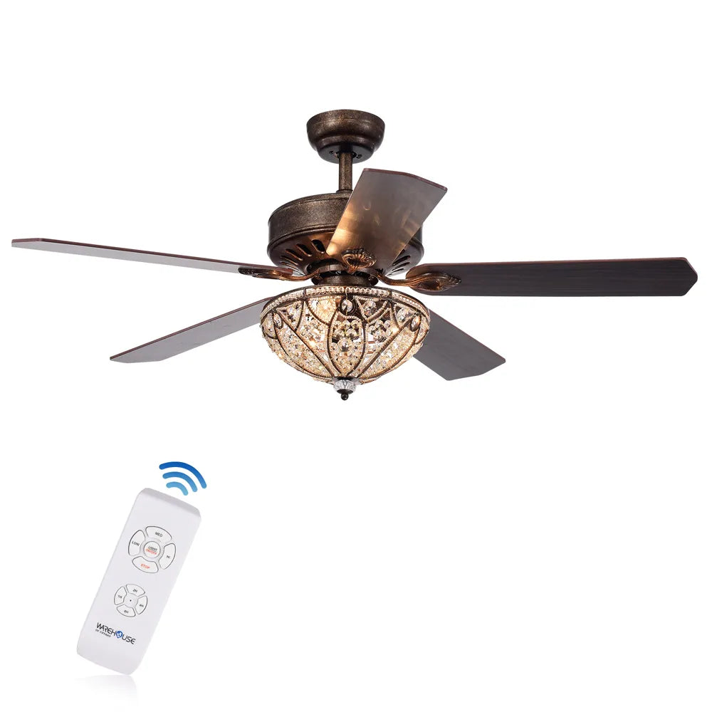 Gliska Rustic Bronze 5-Blade Lighted Ceiling Fan with Crystal Shade