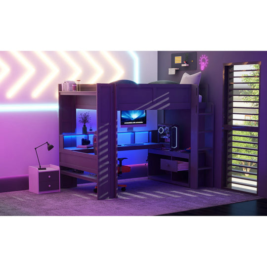 Full Size Gaming Loft Bed with Desk, Multi-Storage Shelves, LED and Charging Station, Dark Design