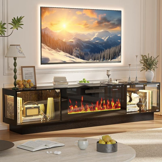 80" Fireplace TV Stand with Adjustable LED Lights, Modern Entertainment Center with Glass Door Storage Cabinet, Black