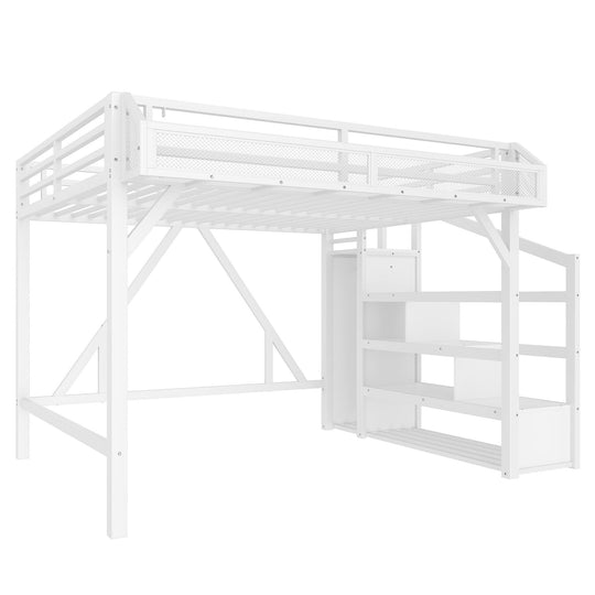 Queen Loft Bed with Storage Stairs, Shelves and Built-In Wardrobe, with USB Ports and LED Lights, Noise-Reduced Design