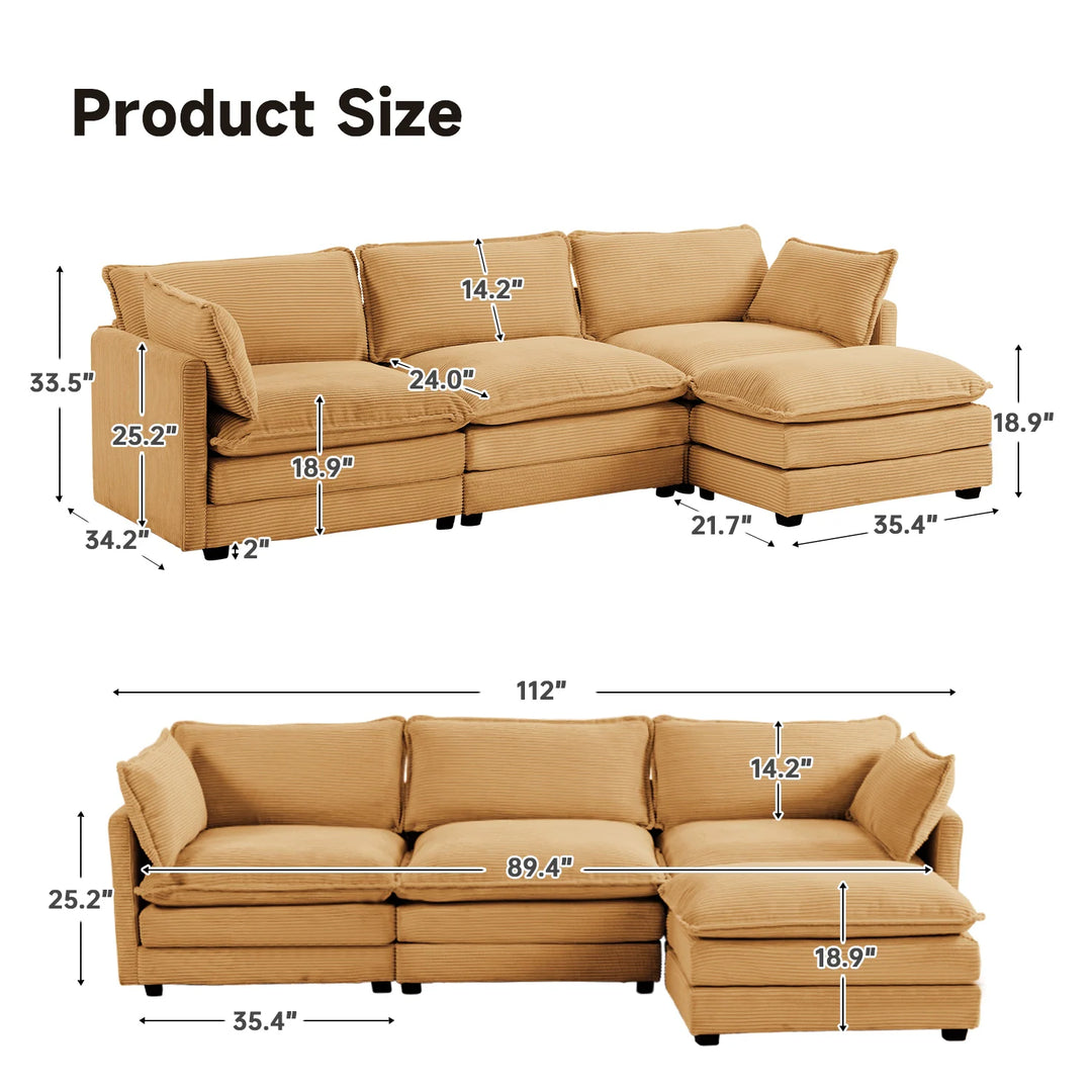 Corduroy Sectional Sofa with Removable Ottomans & Ultra-Soft Cushions for Living Room & Bedroom
