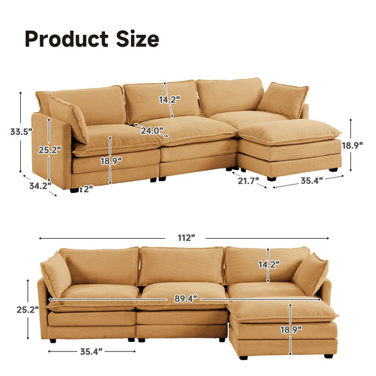 Corduroy Sectional Sofa with Removable Ottomans & Ultra-Soft Cushions for Living Room & Bedroom
