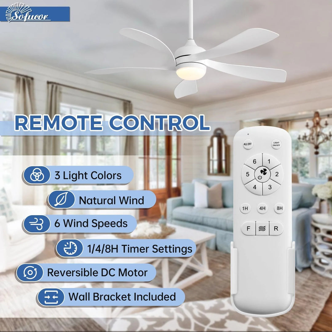 Sofucor 45/52 Inch Ceiling Fan with Remote & Lights Quiet DC Motor 5 Blade High CFM Modern Fan