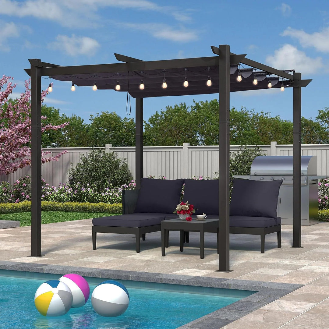 Gazebo Outdoor Retractable White Heavy-Duty Aluminum Pergola with Extra Top Roof