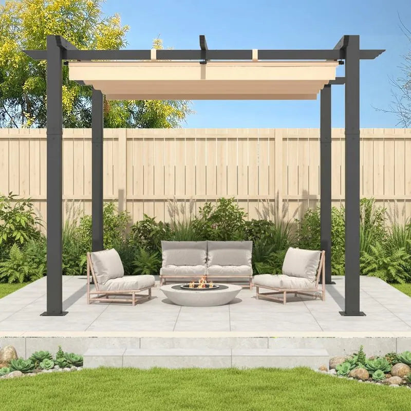 10' X 13' Outdoor Pergola with Retractable Canopy, Heavy-Duty Metal Frame and Adjustable Patio Shade Roof