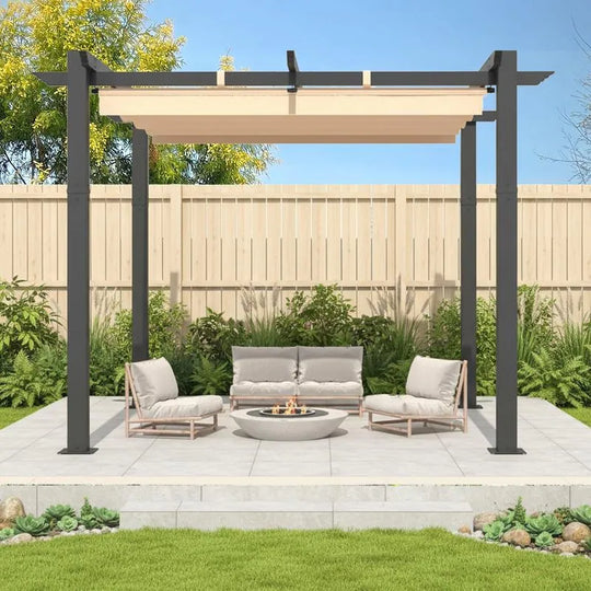 10' X 13' Outdoor Pergola with Retractable Canopy, Heavy-Duty Metal Frame and Adjustable Patio Shade Roof