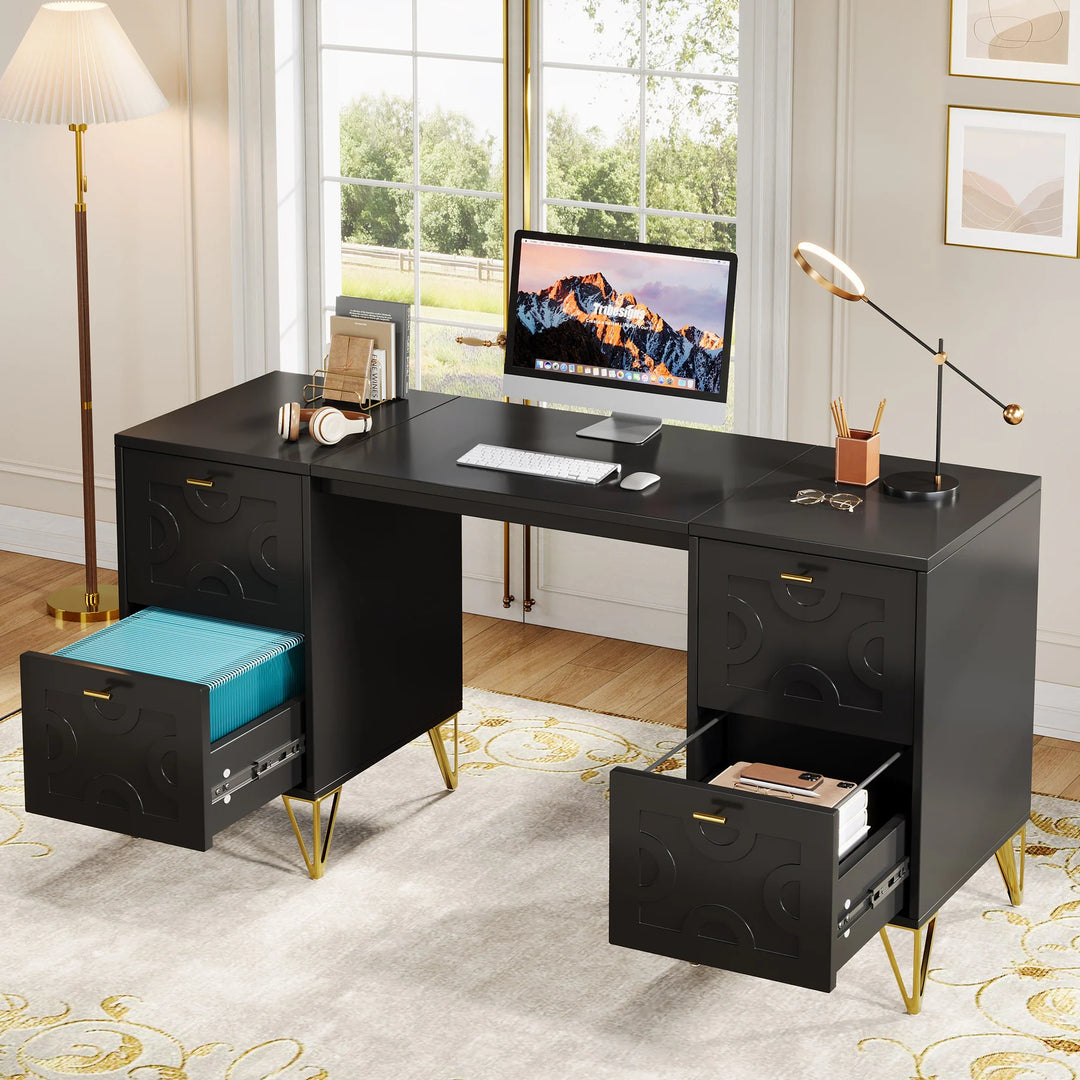 White Computer Desk with File Drawers, 59'' Modern Home Office Desk