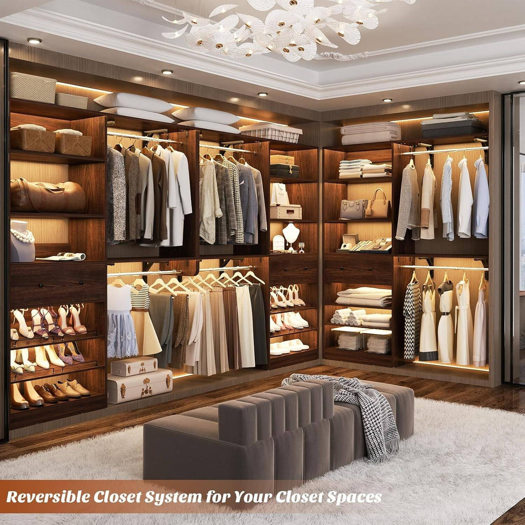 5FT Closet System with 2 Hanging Rods and Wooden Drawer, Walk-In Closet Organizer with 2 Wing Shelve and Adjustable Rack Shelves