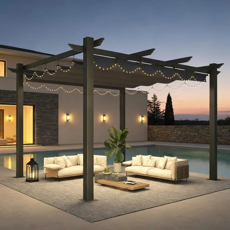 10' X 13' Outdoor Pergola with Retractable Canopy, Heavy-Duty Metal Frame and Adjustable Patio Shade Roof