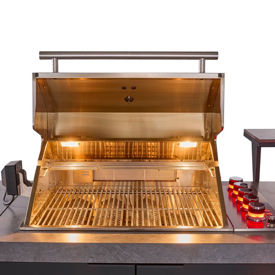 Rimini Outdoor Kitchen 30" BBQ 62,600 BTU, 3 Burners with Sear & Rotisserie, 2.4 Cu.Ft. Beverage Center, Stainless Steel Sink, Black Cabinets & Gray Sintered Stone Countertops