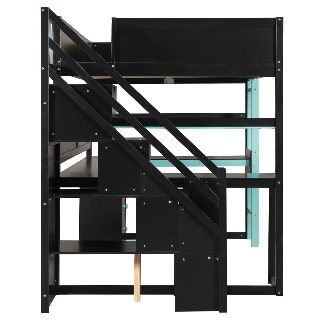 Full Size Wooden Gaming Loft Bed with Storage Stairs, Desk, Shelves and Pegboard