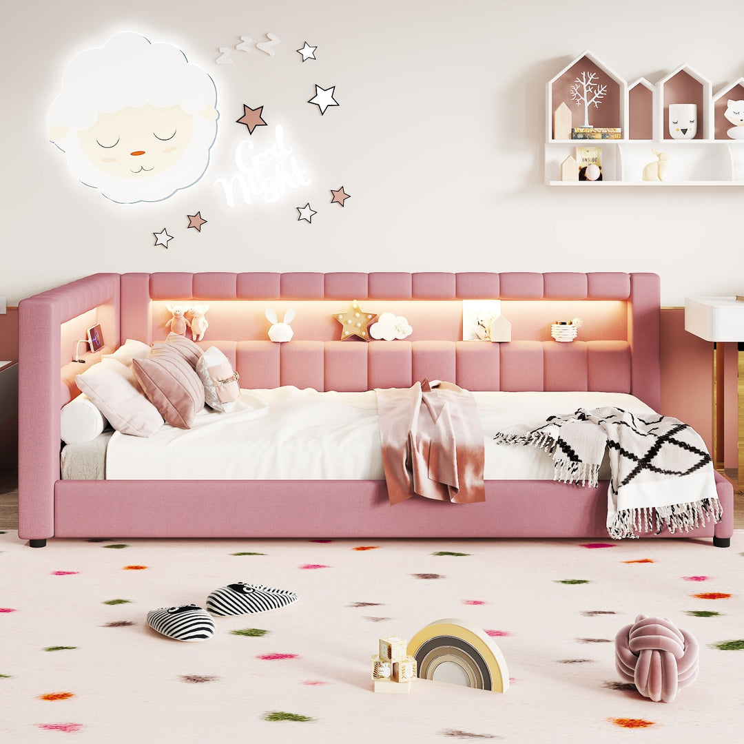 Upholstered Low-Profile Daybed Platform Bed Built-In USB Ports and LED Light Belt, Grounded Design with Padded Backrest