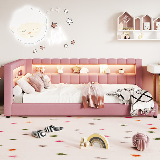 Upholstered Low-Profile Daybed Platform Bed Built-In USB Ports and LED Light Belt, Grounded Design with Padded Backrest