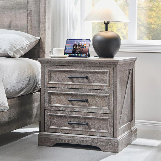 Farmhouse 3-Drawer Nightstand, Wide End Table with Charging Station