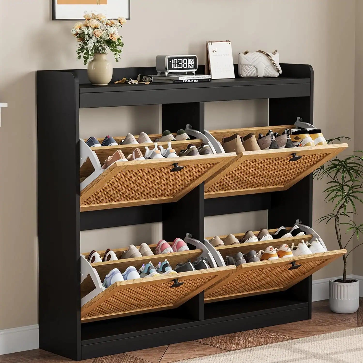 Freestanding Shoe Organizer Storage Cabinet with 4 Flip Drawers for Entryway, Hallway