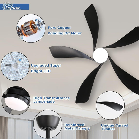Sofucor 45/52 Inch Ceiling Fan with Remote & Lights Quiet DC Motor 5 Blade High CFM Modern Fan