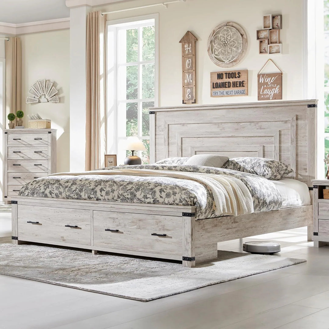 Farmhouse Wood Bed Frame with 54" Tall Headboard, 2 Large Drawers