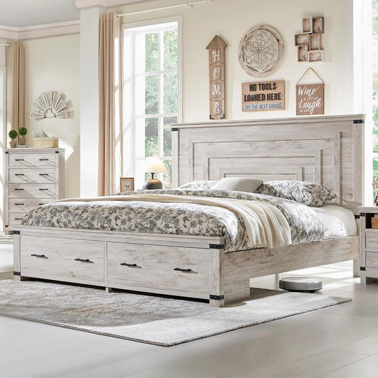 Farmhouse Wood Bed Frame with 54" Tall Headboard, 2 Large Drawers