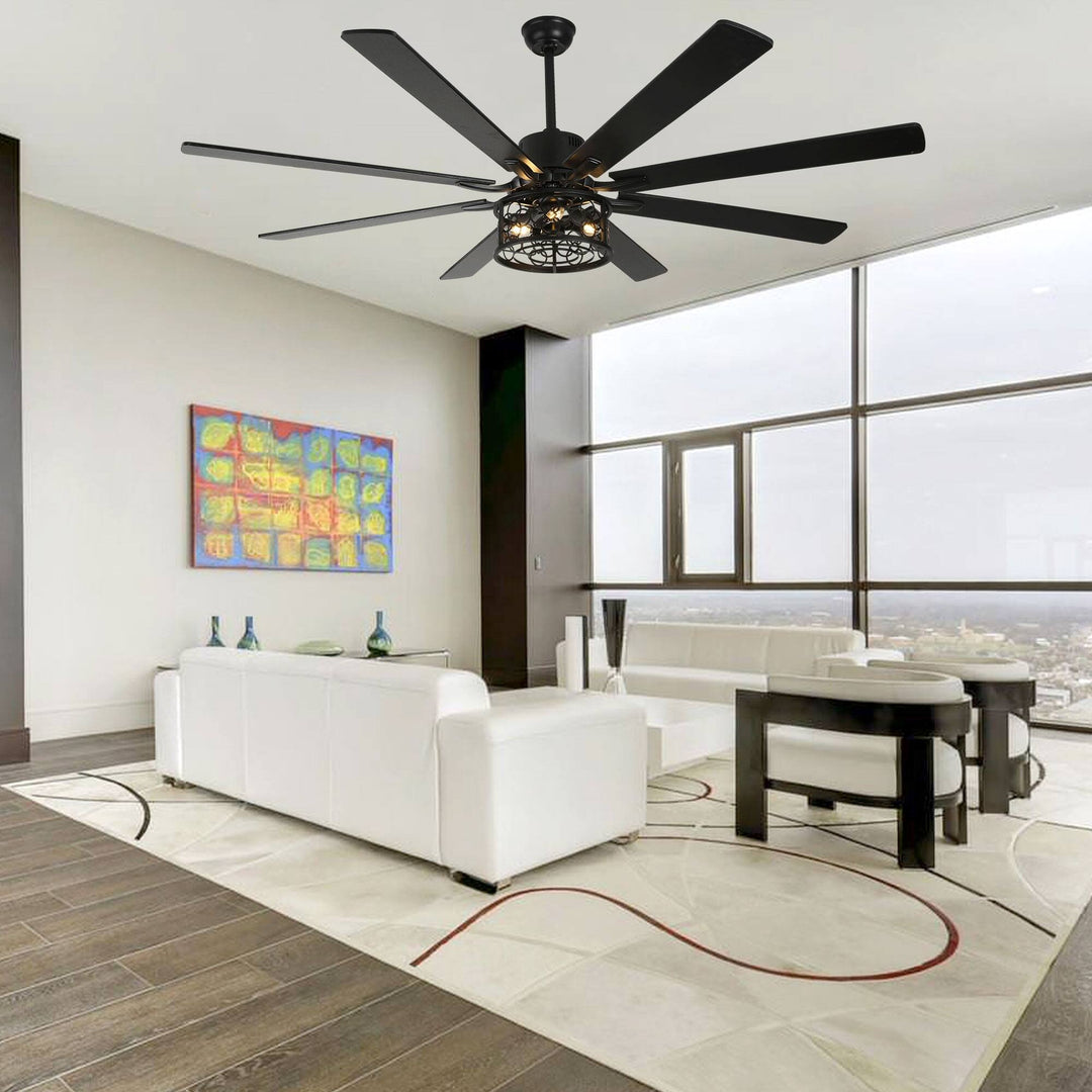 72" Rustic Large Ceiling Fan with Light and Remote 6-Speed 3-Light Farmhouse Metal Caged Black Ceiling Fan