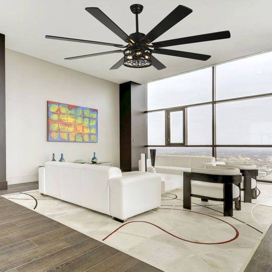 72" Rustic Large Ceiling Fan with Light and Remote 6-Speed 3-Light Farmhouse Metal Caged Black Ceiling Fan