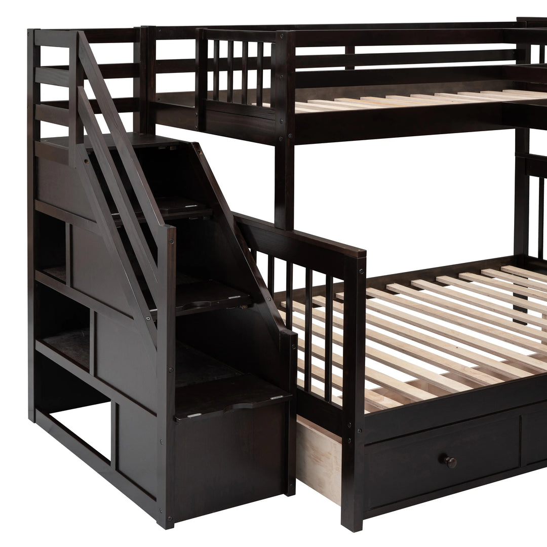 L-Shaped Bunk Bed with Three Drawers, Portable Desk and Wardrobe, Twin-Twin over Full Design
