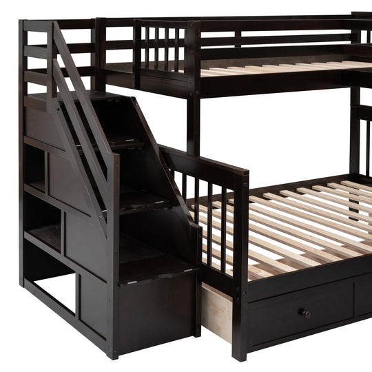 L-Shaped Bunk Bed with Three Drawers, Portable Desk and Wardrobe, Twin-Twin over Full Design
