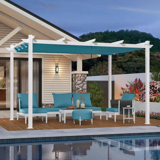 Gazebo Outdoor Retractable White Heavy-Duty Aluminum Pergola with Extra Top Roof