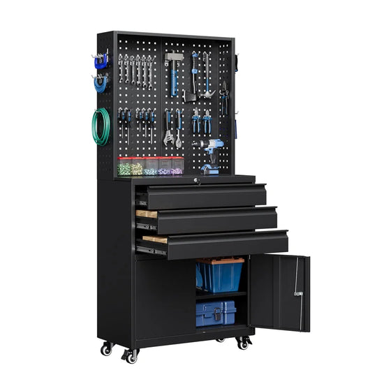 Metal Garage Storage Cabinet with Wheels,3-Drawer Rolling Tool Cabinet with 2 Door and Adjustable Shelves,- 71" Steel Tool Cabinet for Warehouse,Garage,Workshop