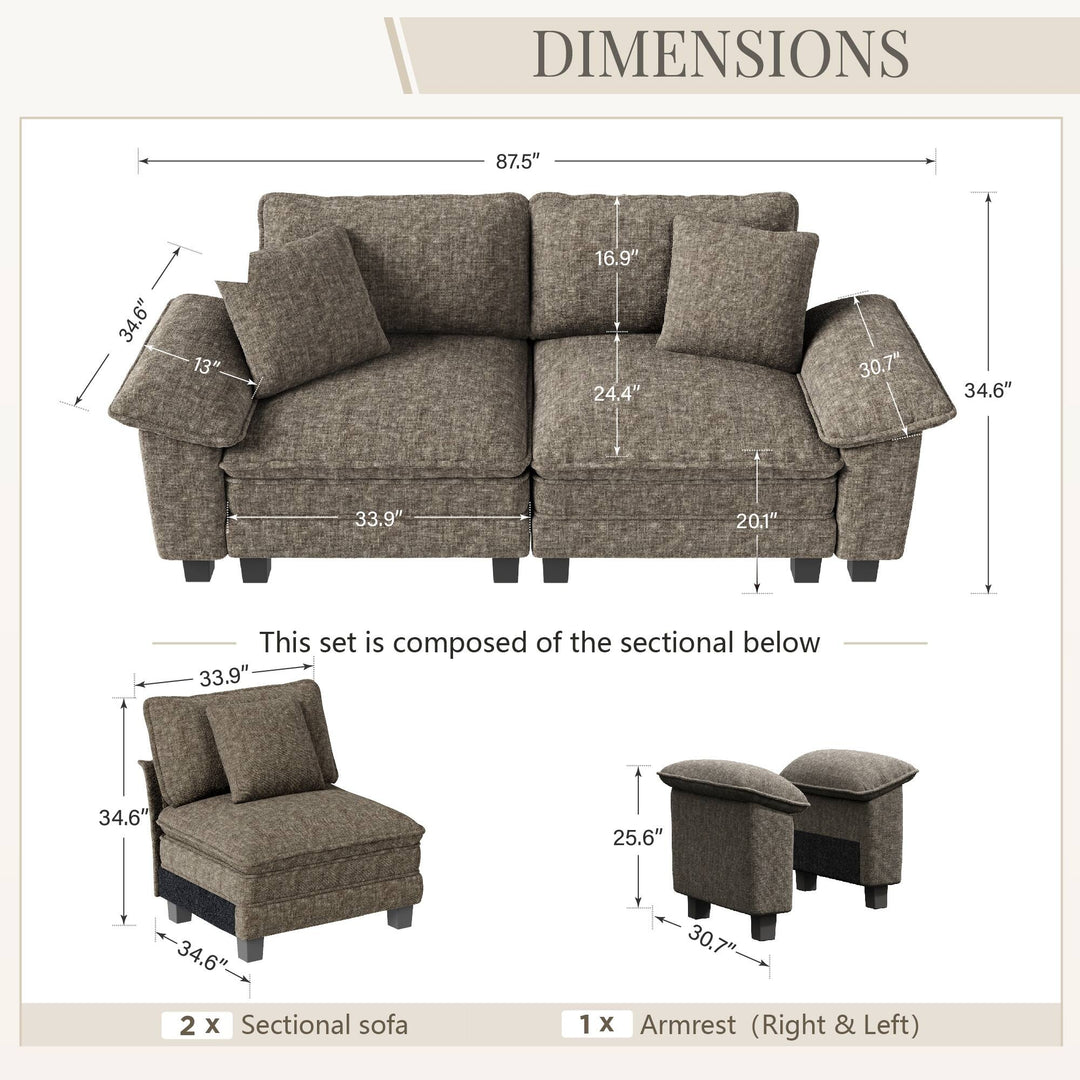 Cloud Modular Deep Seat Sofa, Chenille or Corduroy Sectional Couch with Removable Arms, 1–4 Seater