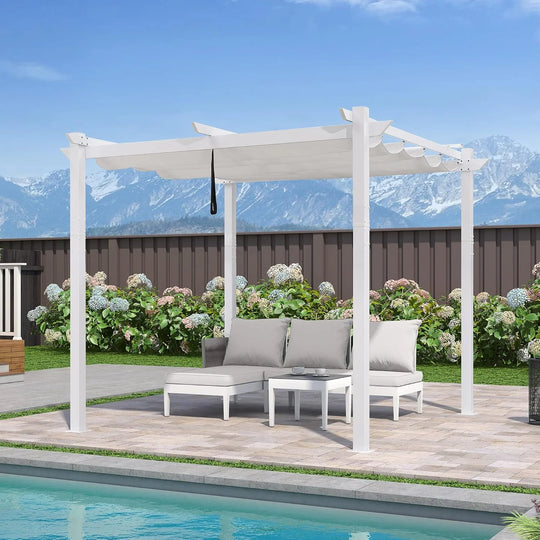 Gazebo Outdoor Retractable White Heavy-Duty Aluminum Pergola with Extra Top Roof
