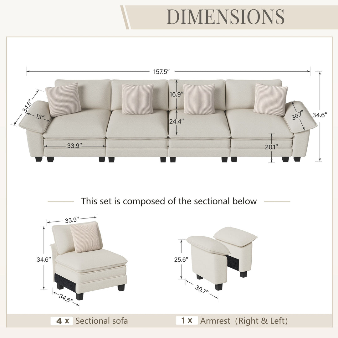 Cloud Modular Deep Seat Sofa, Chenille or Corduroy Sectional Couch with Removable Arms, 1–4 Seater