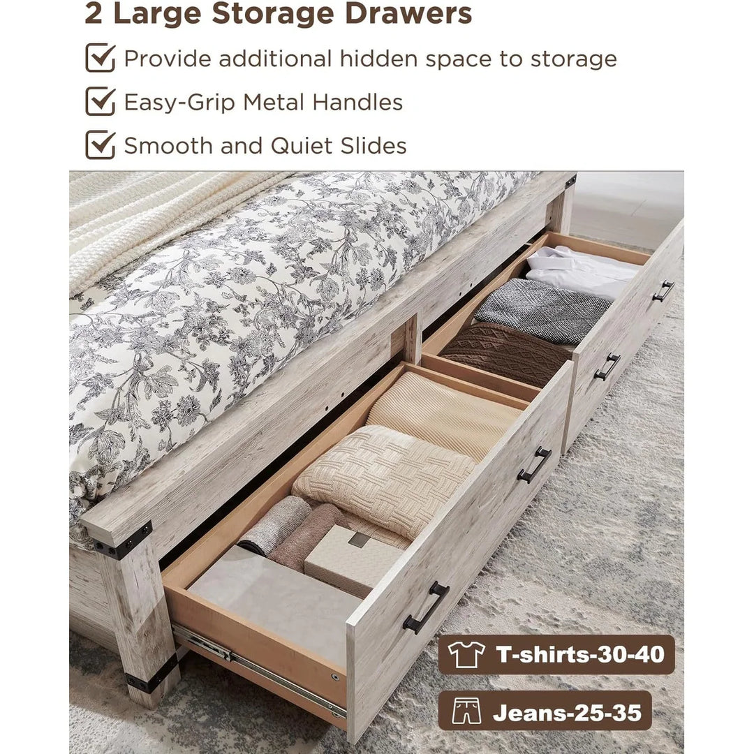 Farmhouse Wood Bed Frame with 54" Tall Headboard, 2 Large Drawers