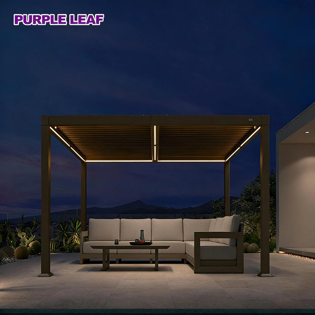 Solar Louvered Pergola with LED String Lights Aluminum Outdoor Pergola with Adjustable Roof for Patio Garden