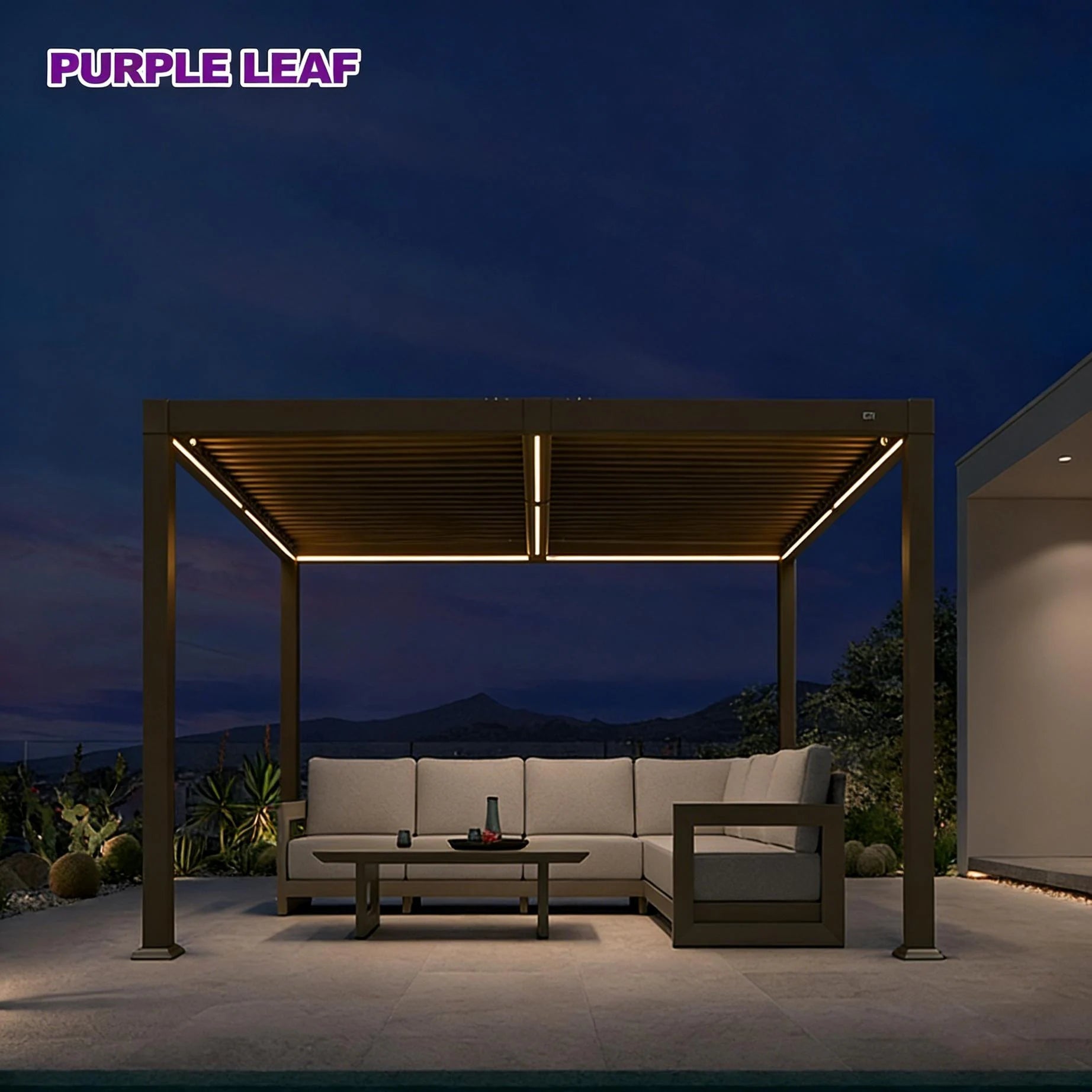 Solar Louvered Pergola with LED String Lights Aluminum Outdoor Pergola with Adjustable Roof for Patio Garden