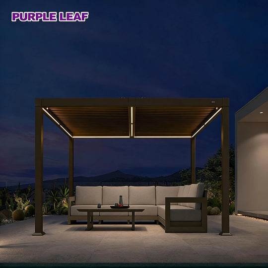 Solar Louvered Pergola with LED String Lights Aluminum Outdoor Pergola with Adjustable Roof for Patio Garden