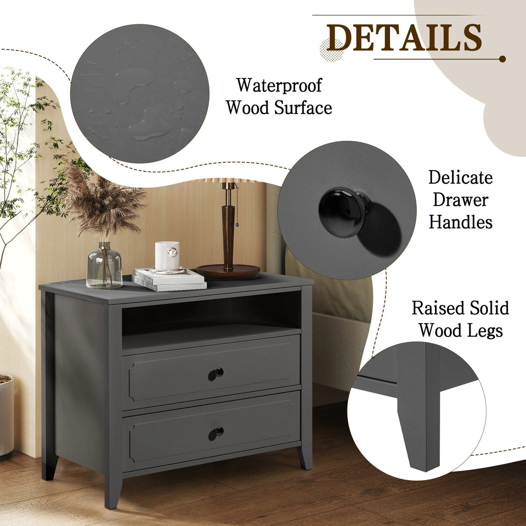 Wide Nightstand – 2‑Drawer Bedside Table with Open Shelf, MDF Wood End Table for Bedroom Living Room