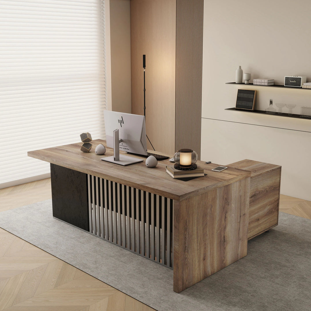 WESOME L-Shaped Executive Office Desk with 2 Drawers 4 Wheels File Cabinets Cable Management