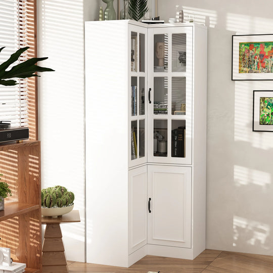 78.7"H Combo Buffet Sideboard White Curio Bookcase Cabinet Glass Door