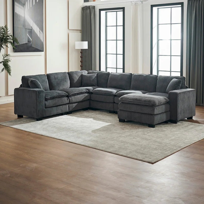 Modern U-Shaped 6-Seater Sectional Sofa with One Footstool