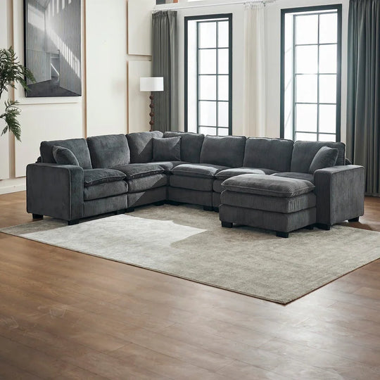 Modern U-Shaped 6-Seater Sectional Sofa with One Footstool